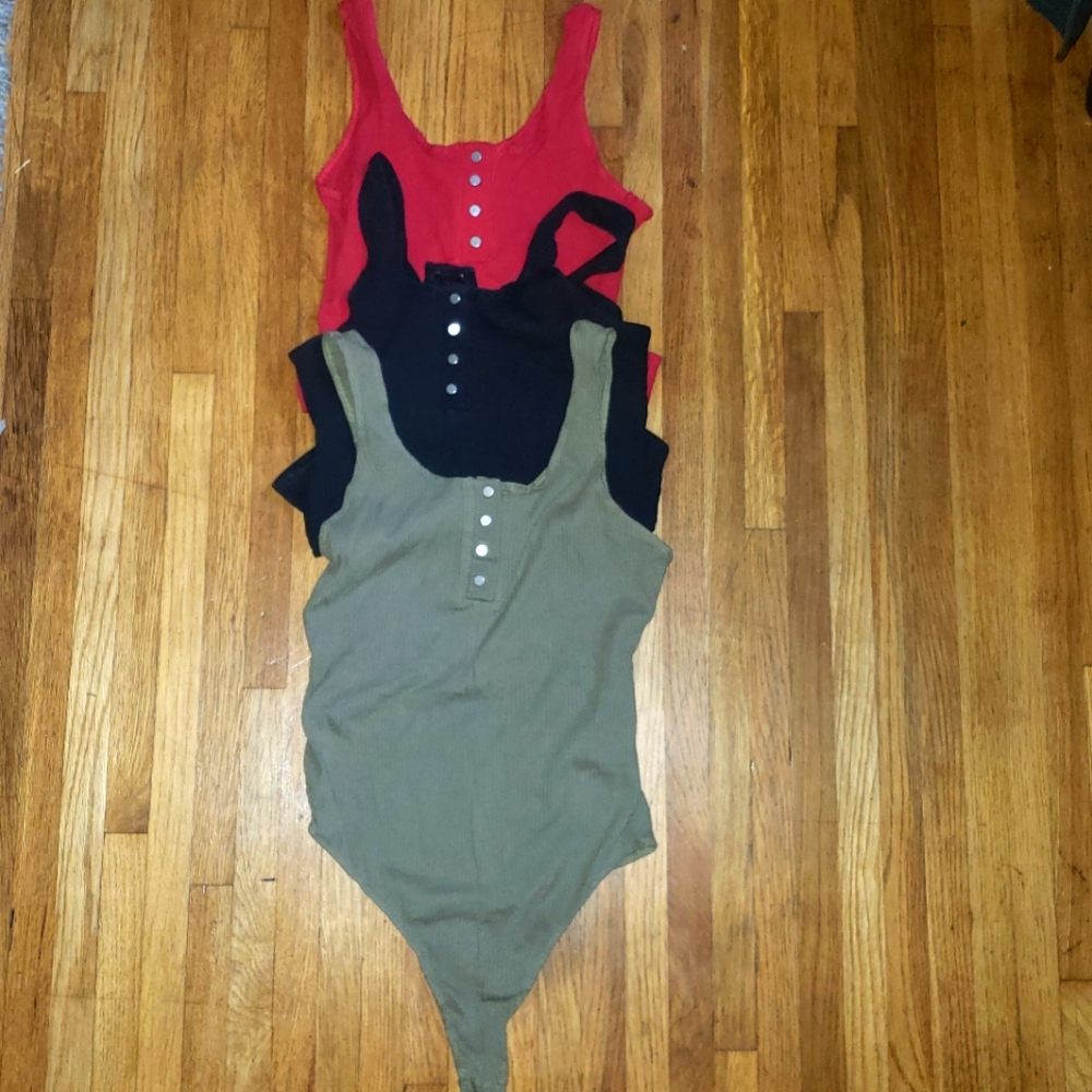 3 piece Lot Shinestar Tank Top Ribbed Body Suit BLack Red Olive Large